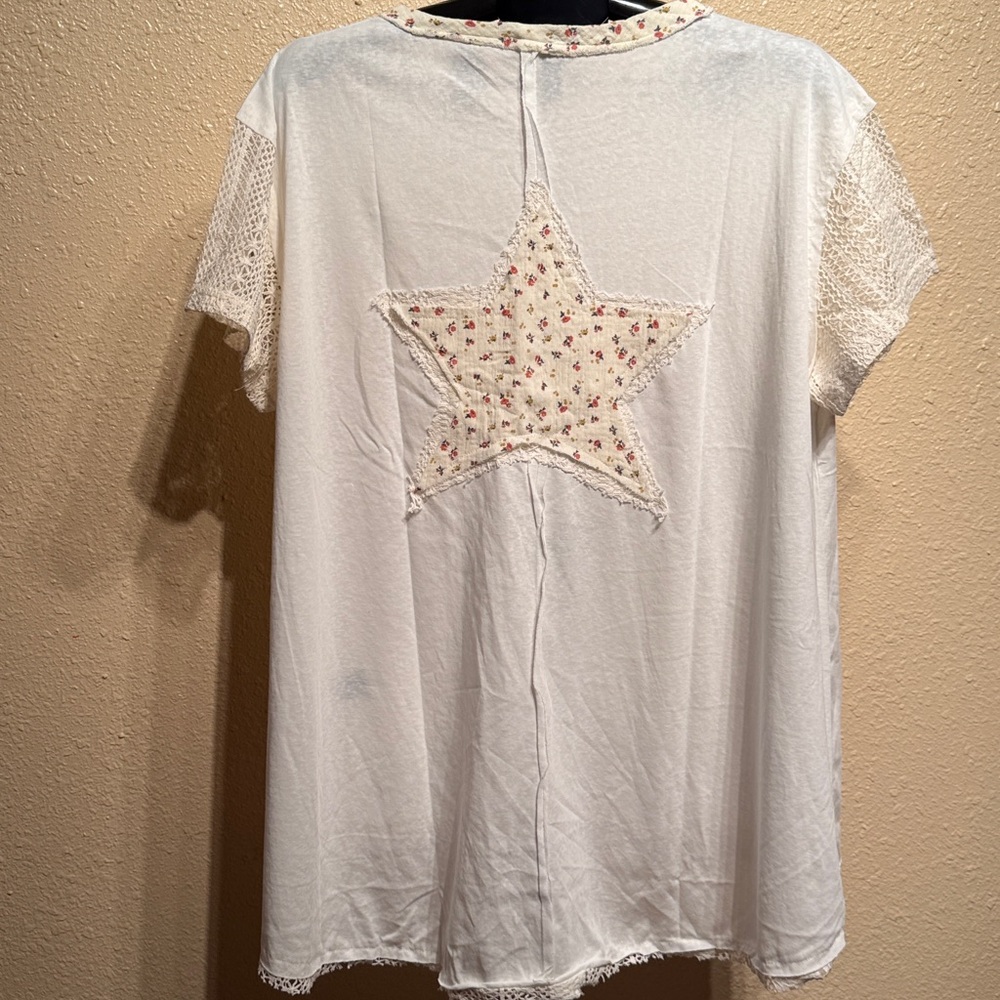 POL Oversized star detail patchwork short sleeve tee top long lace sleeves hem - Picture 12 of 12